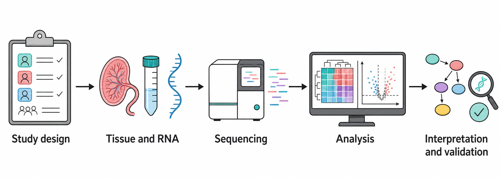 Five-step transcriptomics workflow from study design to interpretation and validation